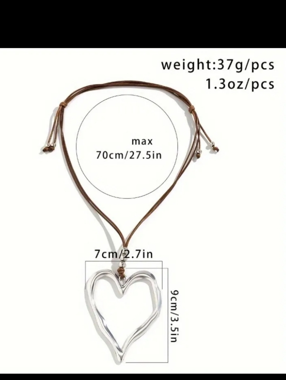 Silver Heart Pendant Necklace with Brown Cord - Picture 3 of 4